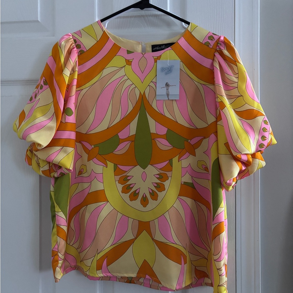 Anthropologie Pink and Orange Puff Sleeve Blouse